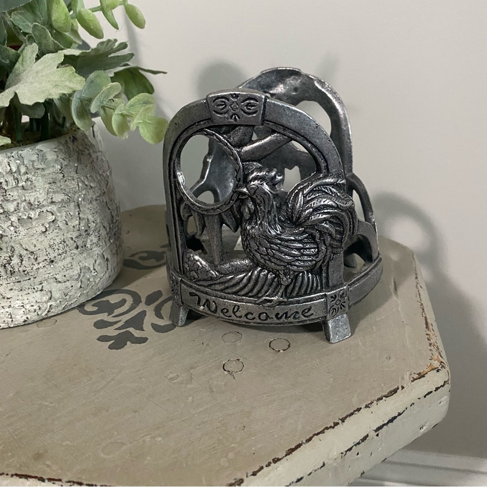 Silver Rooster Welcome Pillar Candle Holder